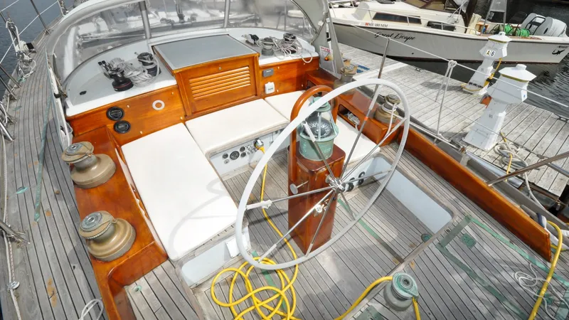 Slide: The Image of 1987 Wittholtz/Luzier 49 | Destiny Cockpit of 1987 Custom Wittholtz/Luzier Sloop/Cutter with wooden accents and steering wheel. - 6318991