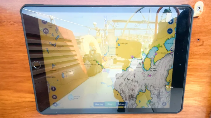 Slide: The Image of 1987 Wittholtz/Luzier 49 | Destiny Tablet displaying nautical chart on a 1987 Custom Wittholtz/Luzier Sloop/Cutter sailboat. - 6320759