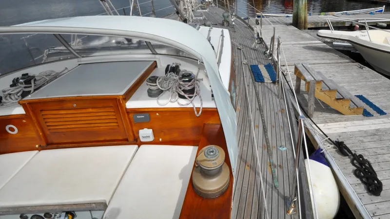 Slide: The Image of 1987 Wittholtz/Luzier 49 | Destiny 1987 Custom Wittholtz/Luzier Sloop/Cutter docked, showcasing deck details and winches. - 6318994