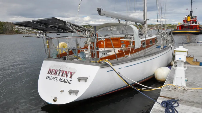 Slide: The Image of 1987 Wittholtz/Luzier 49 | Destiny Custom 1987 Wittholtz/Luzier Sloop/Cutter "Destiny" docked in Belfast, Maine with solar panels. - 6318985