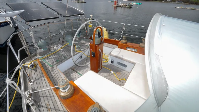 Slide: The Image of 1987 Wittholtz/Luzier 49 | Destiny Cockpit of 1987 Custom Wittholtz/Luzier Sloop/Cutter with solar panels and wooden accents. - 6318987