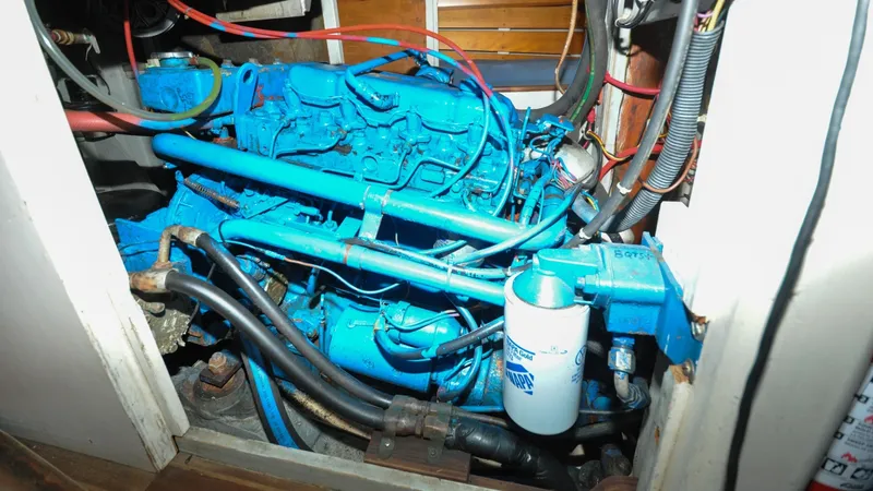 Slide: The Image of 1987 Wittholtz/Luzier 49 | Destiny Blue engine of a 1987 Custom Wittholtz/Luzier Sloop/Cutter with visible wiring and components. - 6319048