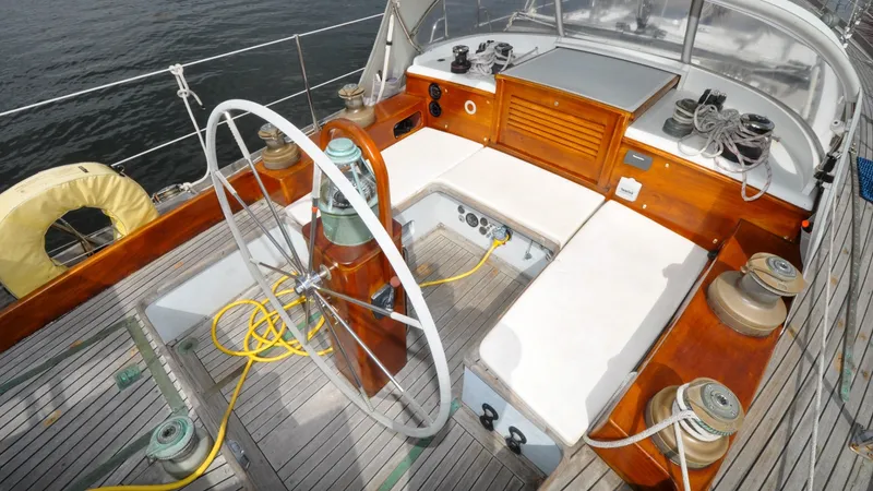 Slide: The Image of 1987 Wittholtz/Luzier 49 | Destiny Cockpit of 1987 Custom Wittholtz/Luzier Sloop/Cutter with wooden accents and steering wheel. - 6318989