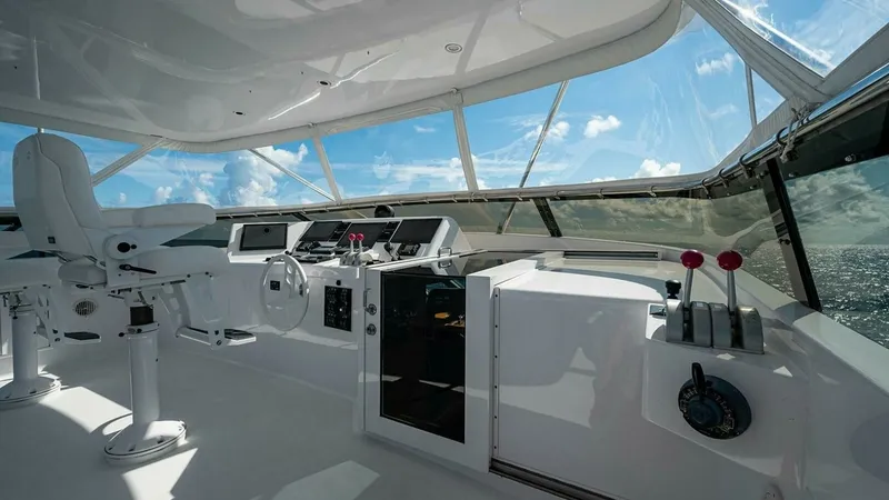 Slide: The Image of Spacious Pilothouse with Panoramic Views The pilothouse of the 2003 Hatteras Raised Pilothouse offers expansive panoramic views through large windows, creating a bright and open command center. Equipped with modern navigation instruments and dual captain's chairs, this area combines functionalit - 6388420