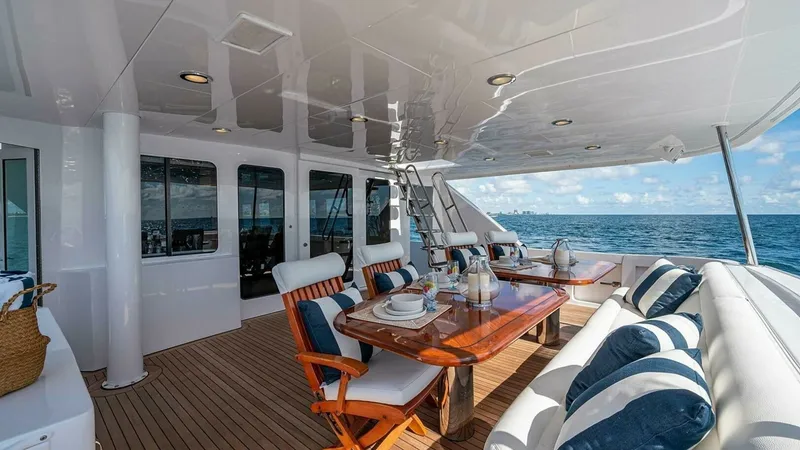 Slide: The Image of Spacious Aft Deck Dining Area The aft deck of the Magnum Ride offers a luxurious outdoor dining experience with a beautifully crafted wooden table and comfortable seating for guests. The space is enhanced by a polished teak floor and a sleek overhead design, providing an inviting atmo - 6388433