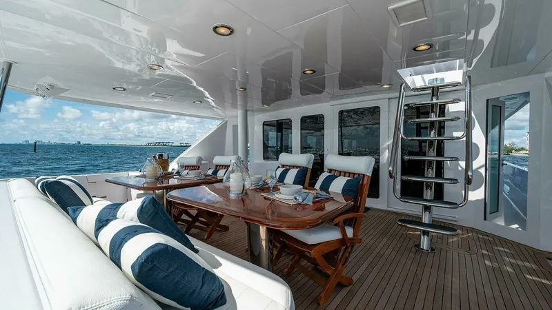 Slide: The Image of Spacious Aft Deck with Dining Area The aft deck of the 2003 Hatteras Magnum Ride features a luxurious dining area with a polished wooden table and comfortable cushioned chairs. The space is elegantly designed with teak flooring and offers panoramic views for an exceptional outdoor dining e - 6388438
