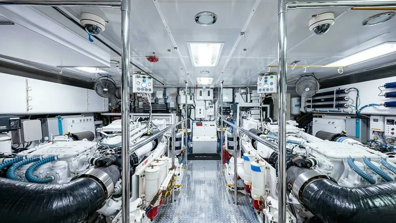 Slide: The Image of Engine Room with Dual Motors The engine room of the 2003 Hatteras Raised Pilothouse is meticulously organized, featuring dual engines with a clean and accessible layout. Stainless steel railings and non-slip flooring ensure safety and ease of maintenance. The room is well-lit, highli - 6388452