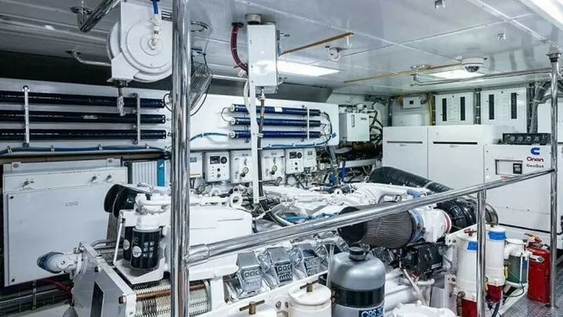 Slide: The Image of Engine Room with Onan Generators The engine room of the 2003 Hatteras Raised Pilothouse showcases a well-organized layout featuring dual Onan generators for reliable power. The space is equipped with advanced engineering systems, neatly arranged for optimal functionality and ease of main - 6388454