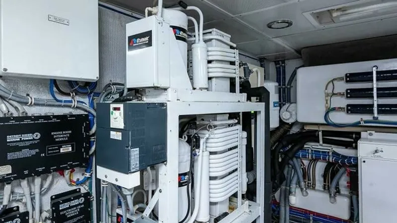 Slide: The Image of Engine Room with Electrical Systems This well-organized engine room features advanced electrical systems, showcasing the meticulous engineering of the 2003 Hatteras Raised Pilothouse. The space is equipped with neatly arranged cables and top-of-the-line components for efficient power manage - 6388456