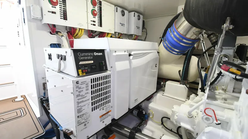 Slide: The Image of Engine Room with Generator System This image showcases the well-organized engine room of the 2020 Viking 58 Convertible, featuring a Cummins Onan generator. The space is designed for efficiency and ease of maintenance, with neatly arranged control panels and wiring. High-quality materials - 6388311