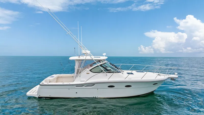 The Image of Side Profile of Tiara 32 Open This image showcases the sleek side profile of the 2007 Tiara 32 Open, highlighting its elegant lines and robust design. The vessel features a spacious cockpit ideal for fishing or leisure, complemented by a sturdy hardtop and ample rod holders. The clean - 6394568