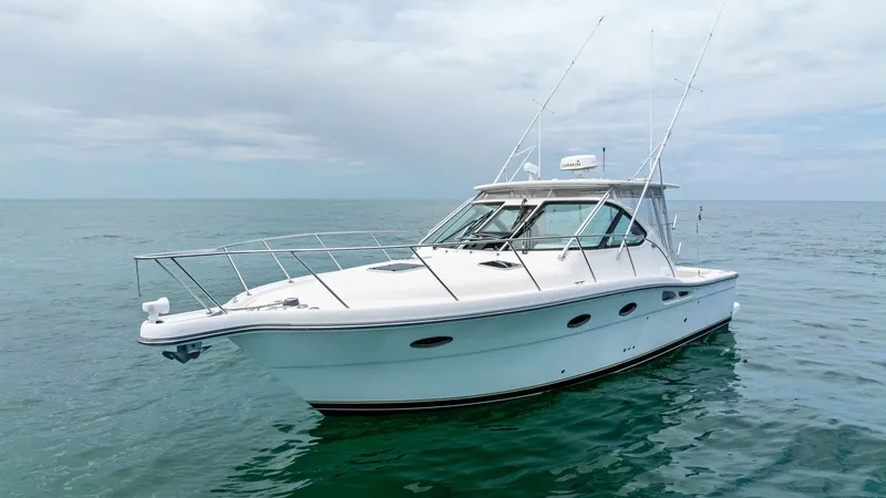 Slide: The Image of Starboard Bow View of Tiara 32 Open The 2007 Tiara 32 Open 'Second Chance' showcases its sleek design with a sturdy bow and polished railings. The spacious deck and windshield provide excellent visibility and protection, ideal for both leisure cruising and offshore adventures. This vessel's - 6394603