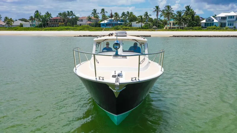 Slide: The Image of Bow View of MJM 29z This image showcases the sleek bow of the MJM 29z, expertly crafted for smooth navigation. The vessel's elegant lines and sturdy railings enhance its nautical appeal, while the spacious foredeck offers ample room for relaxation. The picturesque backdrop h - 6479372