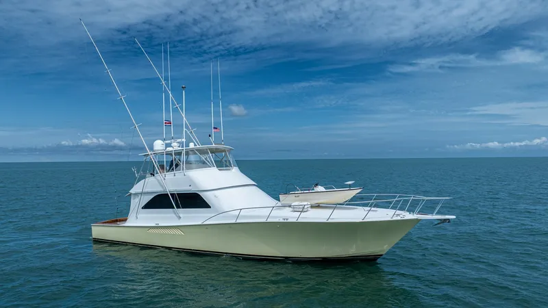 Slide: The Image of Side Profile of 2002 Viking 61 Convertible The 2002 Viking 61 Convertible 'Bolita Too' is showcased against a serene ocean backdrop. This view highlights the sleek, powerful lines of the vessel, emphasizing its robust hull and spacious flybridge equipped with multiple antennae. The yacht's elegant - 6683671