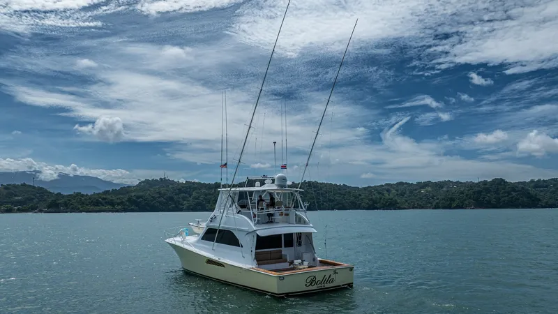 Slide: The Image of Aft View with 2002 Viking 61 Convertible The 2002 Viking 61 Convertible, 'Bolita Too', showcases a sleek aft view with prominent fishing rods ready for offshore adventures. Its spacious cockpit is ideal for fishing enthusiasts, designed with functionality and comfort in mind. The vessel's elegan - 6683677