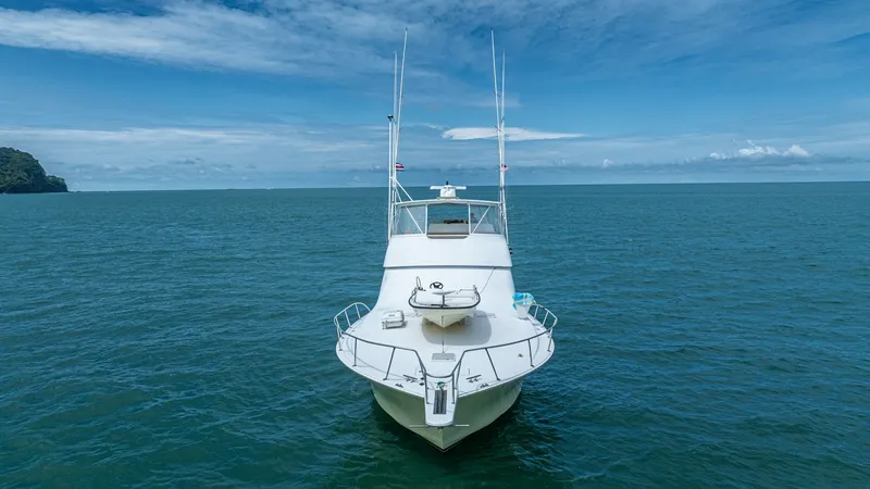 Slide: The Image of Bow View with Tower and Rails 2002 Viking 61 Convertible This image showcases the sleek bow of the 2002 Viking 61 Convertible, 'Bolita Too'. The vessel's clean lines and robust railing ensure safety while enhancing the boat's sporty profile. The towering flybridge offers exceptional visibility, ideal for naviga - 6683672