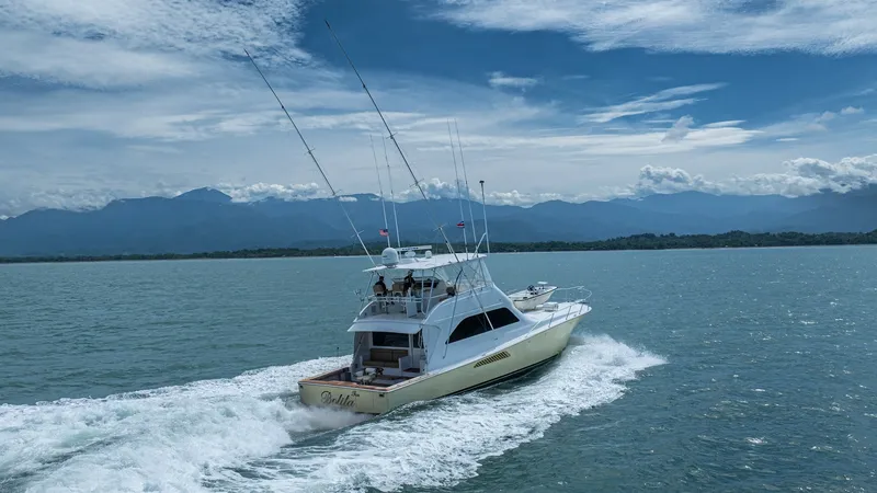 Slide: The Image of Aft Deck and Stern View 2002 Viking 61 Convertible The 2002 Viking 61 Convertible, 'Bolita Too', is seen cruising gracefully, showcasing its spacious aft deck designed for both relaxation and serious sportfishing. The sleek lines of the hull and the commanding flybridge are accentuated by the vessel's ele - 6683688