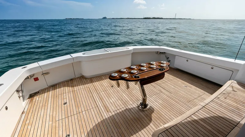 Slide: The Image of Spacious Aft Deck with Teak Flooring This inviting aft deck on the 2018 Viking 62 Convertible features elegant teak flooring, providing a luxurious and practical space for entertaining. The centerpiece is a stylish, well-crafted table with integrated cup holders, perfect for social gathering - 8440073