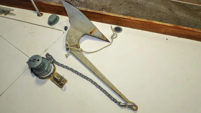 Slide: The Image of 1984 Bristol 41.1 | Petrel Anchor and chain on 1984 Bristol 41.1 sailboat deck. - 6523047