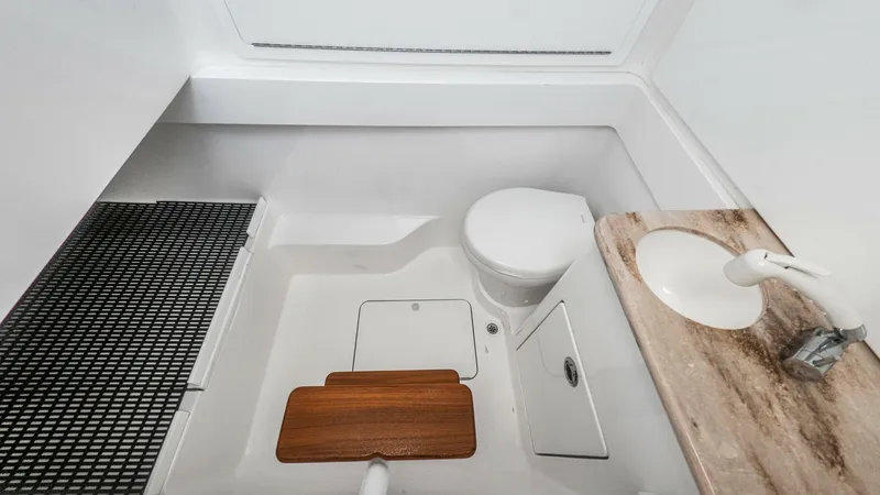 Slide: The Image of Compact Yacht Head with Sink This image showcases the compact head area aboard the LONE STAR II, featuring a sleek marine toilet and a stylish countertop with an integrated sink. The space is efficiently designed, utilizing high-quality materials and finishes for a modern look. Pract - 6536774