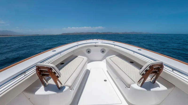 Slide: The Image of Spacious Bow Seating Area The bow of the 2022 Valhalla V-37 features luxurious seating with plush cushions, perfect for relaxation while cruising. The open layout provides ample space and an unobstructed view of the surrounding waters. High-quality finishes and stainless-steel acc - 6536771