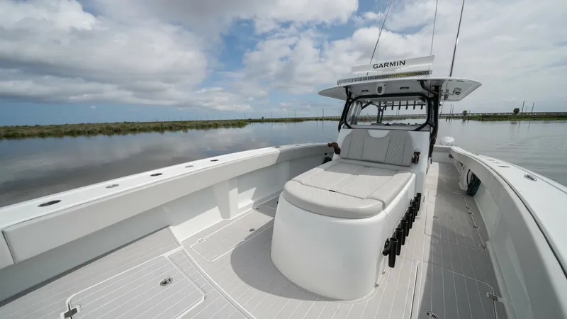 Slide: The Image of Spacious Forward Lounge Area The forward lounge area on the 2023 Freeman 42 LR showcases a sleek and spacious design. Featuring comfortable seating and ample deck space, it provides an ideal spot for relaxation while cruising. The high-quality materials and thoughtful layout ensure b - 6725112