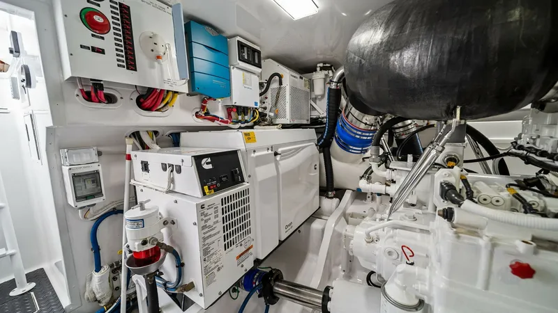 Slide: The Image of Engine Room with Advanced Systems The engine room of the 2024 Viking 64 Convertible, Southern Grace, showcases state-of-the-art engineering. Featuring modern machinery and organized electrical systems, it ensures optimal performance and reliability. The well-lit space allows for easy main - 7541876