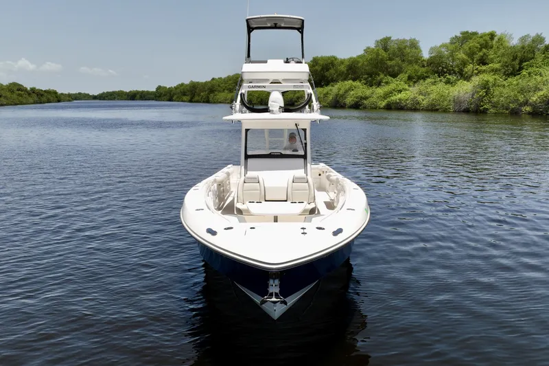 Slide: The Image of Bow-on, at rest Deep-V entry, Garmin xHD2 radar and tower, calm-water bow shot. - 6788439