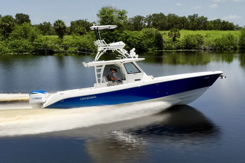 The Image of Underway, Port Profile 2017 Everglades 355 CC on plane, tuna tower up, triple Yamaha F300s. - 6788434