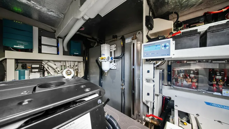 Slide: The Image of Engine Room with Electronics Panel This image showcases the engine room of the 2024 Absolute 52 Navetta, highlighting its state-of-the-art electronic control panels and robust engine components. The layout is designed for optimal accessibility, with clearly organized wiring and advanced mo - 6851845