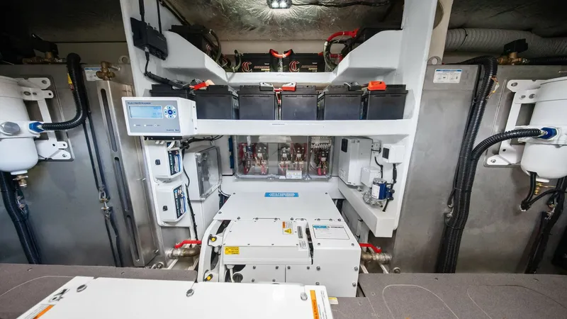 Slide: The Image of Engine Room with Control Systems The image showcases the meticulously organized engine room of the 2024 Absolute 52 Navetta. Prominent features include advanced control systems and neatly arranged batteries, ensuring efficient performance and reliability. The well-lit space highlights th - 6851841