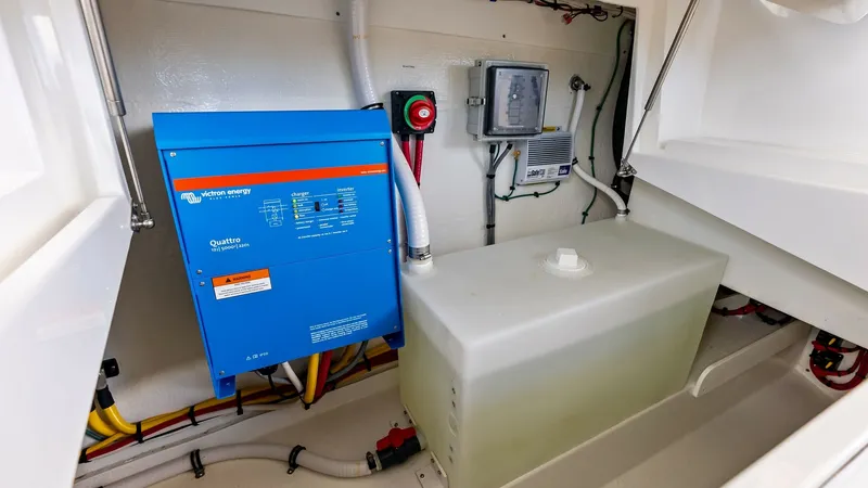 Slide: The Image of Engine Room with Electrical Systems This image showcases the well-organized engine room of the 2025 MJM M3, featuring a modern electrical panel and a large utility tank. The bright blue electrical inverter is prominently mounted, highlighting the vessel's advanced power management capabilit - 6834939