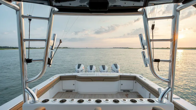 Slide: The Image of Aft Deck with Fishing Setup The aft deck of the MarMar V-46 by Valhalla Boatworks showcases a well-equipped fishing area, complete with multiple rod holders integrated into the gunwale. The spacious layout provides ample room for angling activities, while the sleek design complement - 7162290