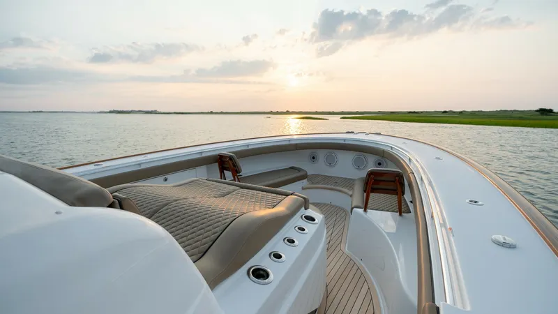 Slide: The Image of Bow Lounge with Seating and Sunset View Experience luxury and relaxation in the bow lounge of the 2022 MarMar V-46 by Valhalla Boatworks. The spacious seating area is adorned with plush, comfortable cushions, perfect for enjoying serene sunsets. The sleek design and high-quality finishes provid - 7162283