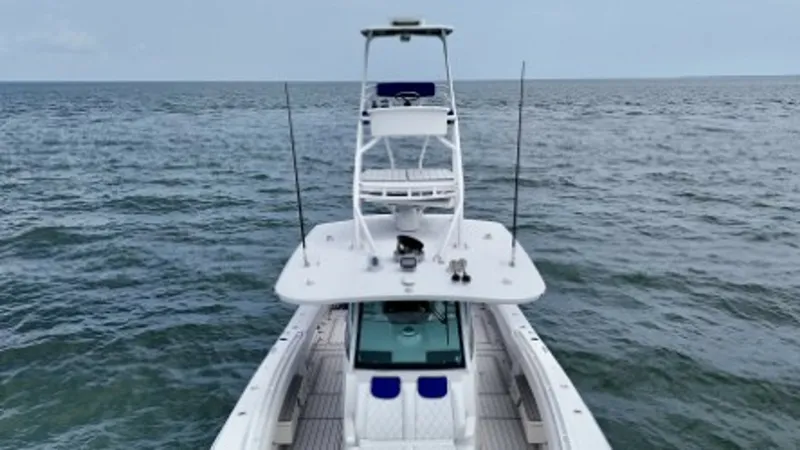 Slide: The Image of Elevated Tower and Helm View This image showcases the impressive elevated tower of the Hydra-Sports 4200 Siesta, offering a commanding view of the open sea. The spacious helm below is equipped with state-of-the-art navigation systems, ensuring a smooth journey. The sleek design and h - 7030851