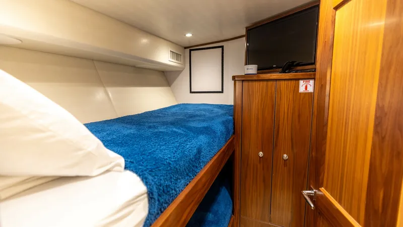 Slide: The Image of Cozy Twin Cabin with Storage This inviting twin cabin features a comfortable bunk bed with plush blue bedding, perfect for restful nights at sea. Elegant wood cabinetry provides ample storage, while the soft lighting enhances the room's warm ambiance. An overhead TV adds entertainmen - 7463817