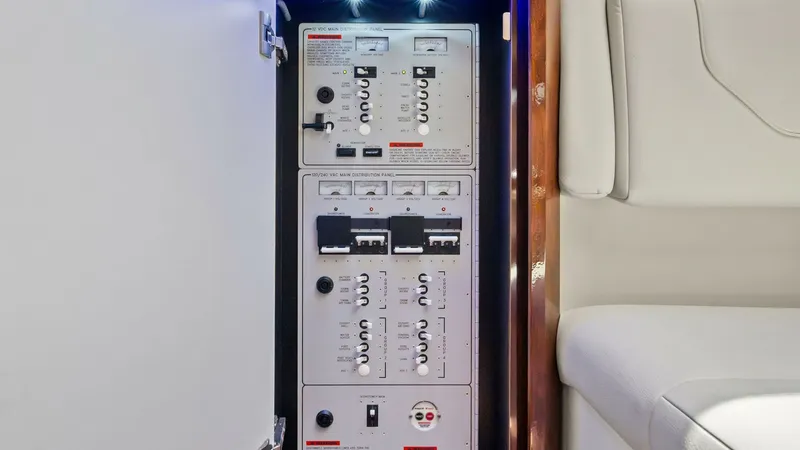 Slide: The Image of Electrical Control Panel Compartment This image showcases the neatly organized electrical control panel of the 2022 Formula 430 Super Sport Crossover. The panel is elegantly housed within a dedicated compartment, illuminated by modern LED lighting for easy access and operation. The sleek des - 7030630