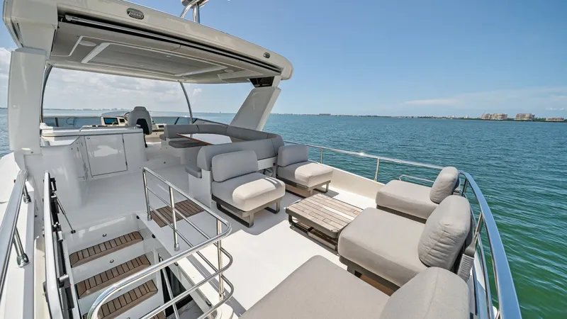 Slide: The Image of Spacious Flybridge Lounge Area The flybridge of the Absolute Navetta 58 'ANDIAMO' offers an expansive lounge area with plush seating, perfect for relaxation or entertaining. The open-air design allows for panoramic views and fresh sea breezes, while the teak flooring adds a touch of el - 7018665