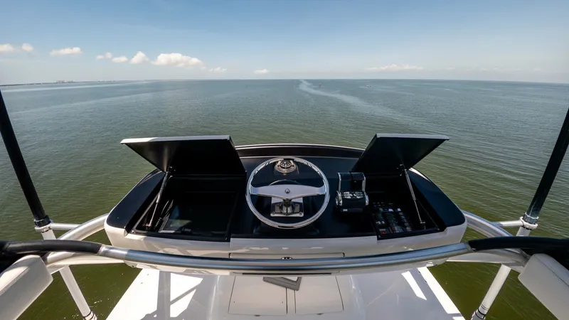 Slide: The Image of Tower Helm Station with Ocean View The helm station on the flybridge offers expansive views of the open ocean, emphasizing the Viking 80 Convertible's command and visibility. The sleek, modern dashboard features intuitive controls and twin display screens, ensuring seamless navigation. The - 7150209