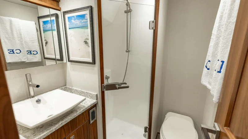 Slide: The Image of Luxury Ensuite Bathroom This elegant ensuite bathroom on the 2016 Viking 80 Convertible features a sleek glass-enclosed shower and a modern vanity with a vessel sink. The warm wood cabinetry and marble countertop add a touch of sophistication. Thoughtful details, such as framed - 7150195