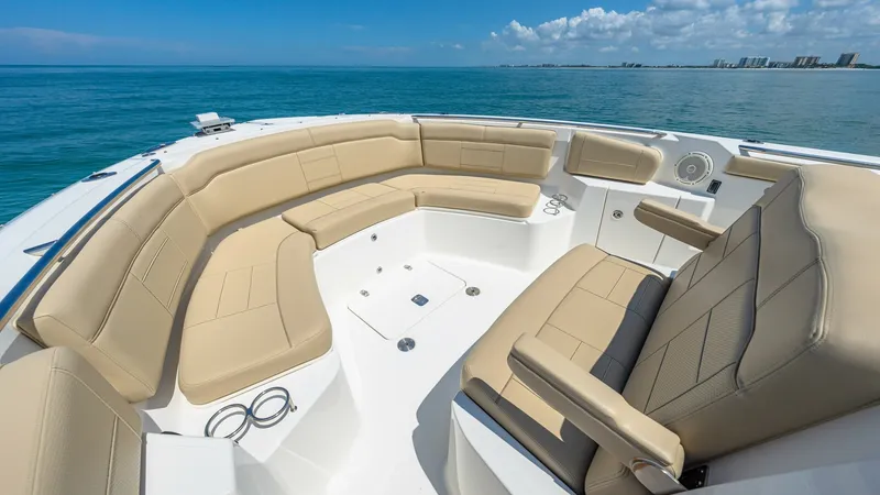Slide: The Image of Spacious Bow Seating Area This image showcases the elegant bow seating area of the 2019 Pursuit 328, Orcabessa. The plush, tan upholstery provides a comfortable and inviting space for relaxation, complemented by sleek white finishes. The open layout offers panoramic ocean views, m - 7095039