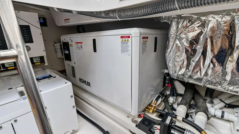 Slide: The Image of Engine Room with Kohler Generator This image showcases the engine room of the 2025 Tiara Yachts 48LE, featuring a Kohler generator. The space is meticulously organized, with neatly routed wiring and accessible components for ease of maintenance. The insulation and layout ensure efficient - 7403662