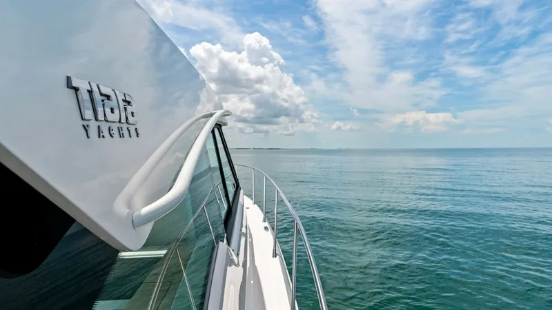 Slide: The Image of Starboard Deck View with Sea Horizon This image captures the elegant starboard side of the 2025 Tiara Yachts 48LE, showcasing its sleek, modern design. The expansive view of the open sea complements the yacht's polished exterior, featuring a sturdy handrail for safety and style. The clear sk - 7403617