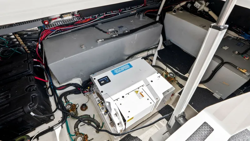 Slide: The Image of Engine Room with Generator Setup This image showcases the well-organized engine room of the 2025 Regal 38 EXC. The space is equipped with a modern generator, featuring neatly arranged wiring and robust battery systems for efficient power management. The clean layout ensures easy maintena - 7180456