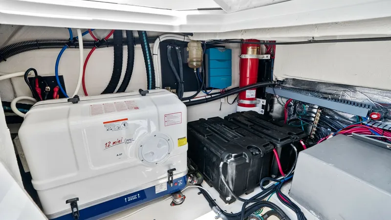 Slide: The Image of Engine Room with Generator System This image showcases the engine room of the 2025 Regal 38 EXC, featuring a neatly arranged generator system and essential equipment. The space is well-organized with clearly labeled components and wiring, ensuring easy access for maintenance. High-quality - 7180457