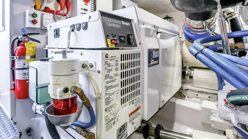 Slide: The Image of Engine Room with Cummins Onan Generator The engine room of the 2021 Viking 48 Convertible showcases a state-of-the-art Cummins Onan generator. The space is meticulously organized, featuring advanced electrical panels and high-quality marine fittings. The pristine condition and efficient layout - 7224911