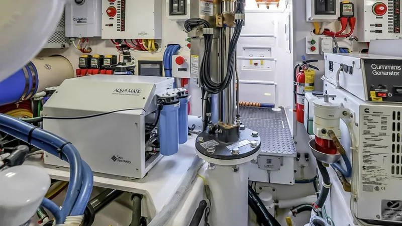 Slide: The Image of Engine Room with Systems Overview This image showcases the engine room of the 2021 Viking 48 Convertible, featuring a clean and well-organized layout. Prominent elements include the Cummins generator and the Aqua Matic water system, highlighting the vessel's advanced mechanical and electr - 7224910