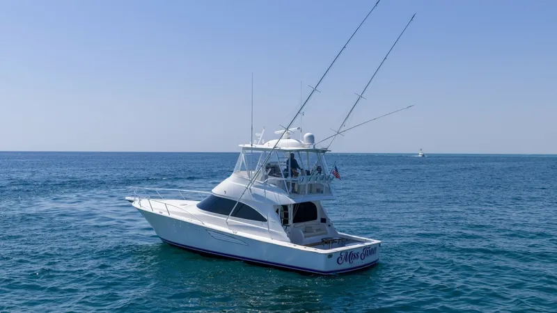 Slide: The Image of Exterior View of Viking 48 Convertible The 2021 Viking 48 Convertible, named 'High Impact', is showcased cruising on open waters. This vessel features a sleek, aerodynamic profile with a spacious flybridge equipped with dual outriggers, ideal for sportfishing. Its elegant white hull and modern - 7224925