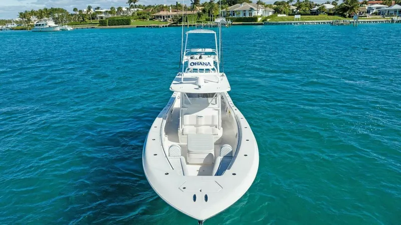 Slide: The Image of Bow View of 42 Open Fisherman This image showcases the sleek bow of the 2019 Invincible 42 Open Fisherman, named Ohana. The spacious deck offers ample room for fishing and leisure, highlighted by its clean lines and robust design. The open layout is ideal for enthusiasts seeking both - 7285537