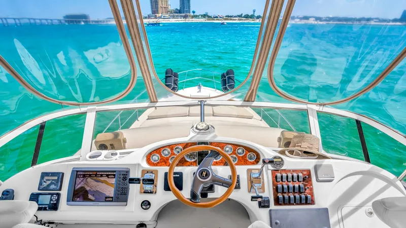 Slide: The Image of 2000 40 Sea Ray 400 Sedan Bridge Barely Covered Upper Helm - 7285491